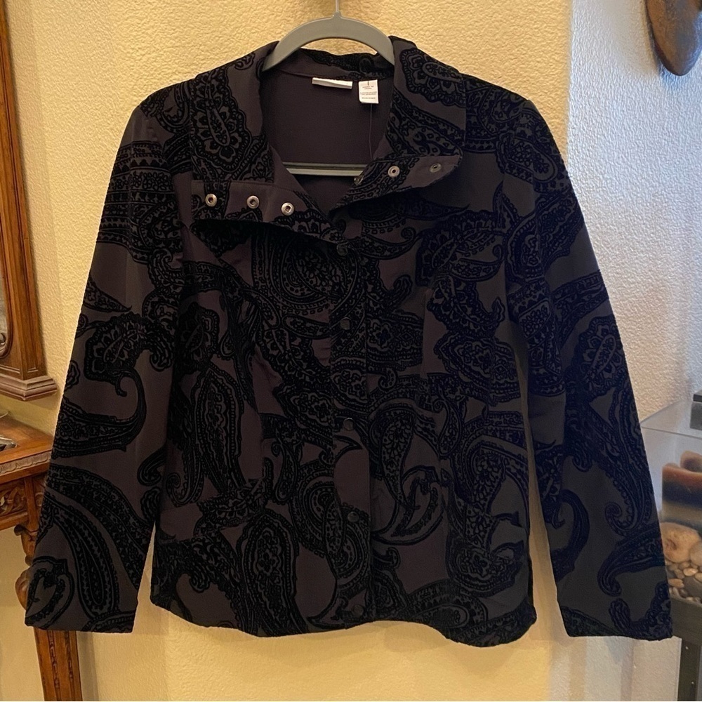 NWT~CHICO’S Zenergy Women Black Velvet Paisley Neema Flocked Jacket Size 1(M/8)